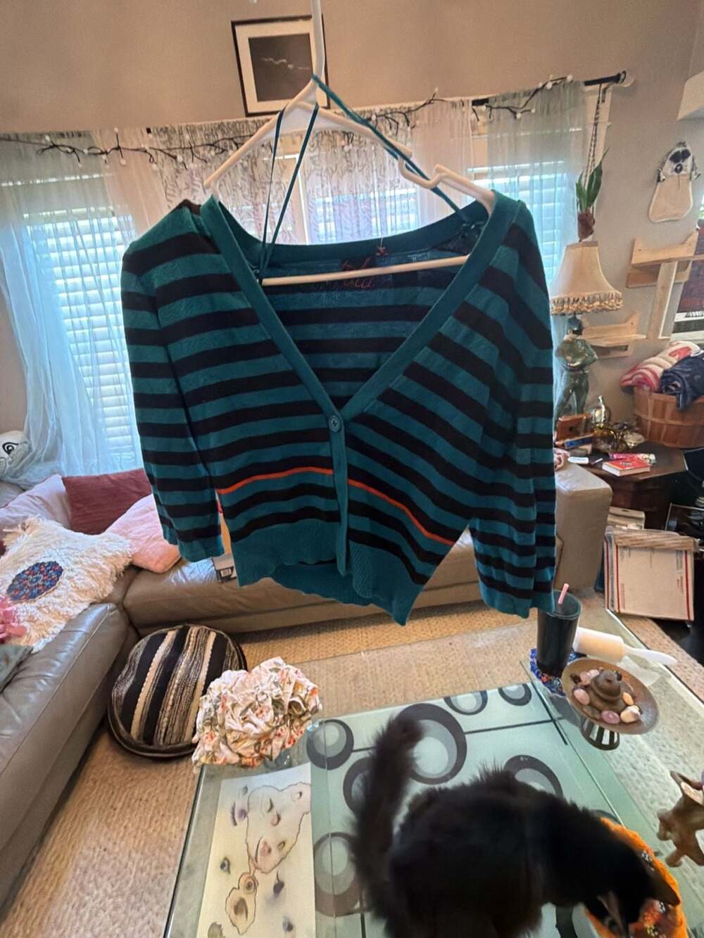 Take Out Teal and Black Striped V-Neck Cardigan with Orange Accent Stripe